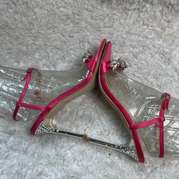JEWEL BADGLEY MISCHKA Satin Hot Pink Rhinestone accents Ankle Strap Sandals SZ 8 - Picture 7 of 9